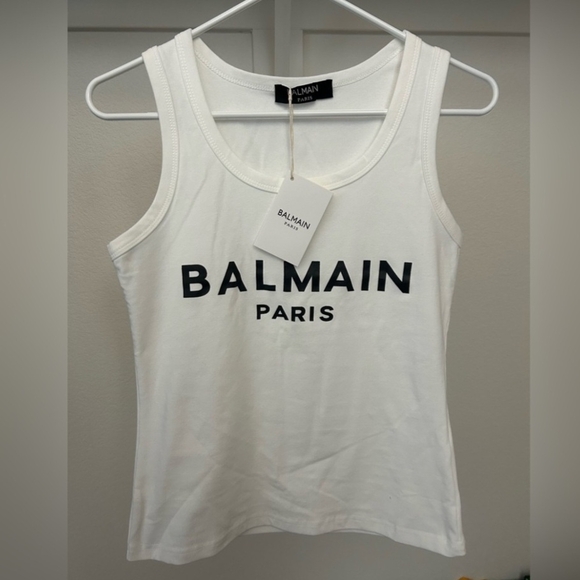 Balmain Tops - Balmain Fitted White Tank Top with Black Logo